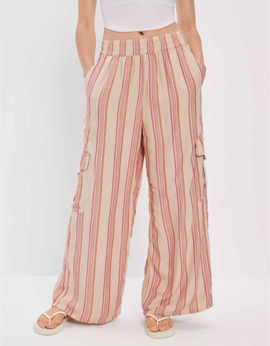 Pantalon American Eagle AE Super High-Waisted Rayé Cargo Larges-Leg Rose Clair Femme | OKH-69216141